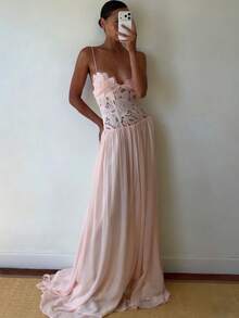 Vestido Tirantes Gasas Encaje Bordado Transparente Largo Estilo Vacaciones - Rosa - Ver 1