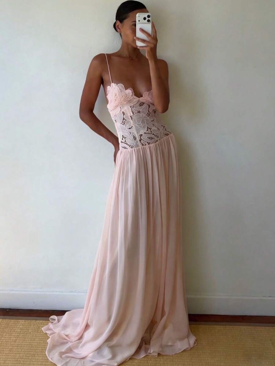 Vestido Tirantes Gasas Encaje Bordado Transparente Largo Estilo Vacaciones - Rosa - Ver 1