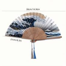 2件神奈川海域傳統摺扇+掛鉤，優雅流蘇手扇，飾以神奈川藝術圖案，適用於舞蹈、婚禮、文化活動 - 極佳禮物，適合女性、舞蹈表演、歷史風格配件 - 多色 - 查看 2