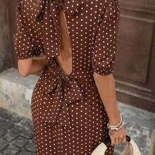 Vestido midi con espalda abierta, lazo en la cintura y mangas abultadas con estampado de cuadros retro francés para mujer - Perfecto para vacaciones y oficina AG - Amarillo - Ver 9