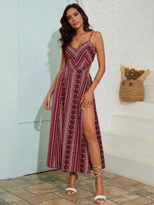 Vestido con tirantes sin espalda y escote en V profundo con abertura hasta el muslo, vestido largo con estampado floral para en la playa, ropa de verano para mujer - Rojo - Ver 1