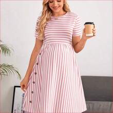 VUUG
  Vestido casual de maternidad de manga corta con rayas, para verano - Verde - Ver 2