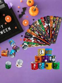 12/24pcs Halloween Slap Bracelets, Halloween Party Small Gifts, School Classroom Rewards, Halloween Candy Bag Gifts Toys, Halloween Slap Bracelets, Halloween Gifts, Halloween Decorations - A - View 5