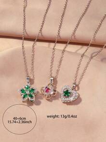 18K Gold Plated Green And Multicolor Cubic Zirconia Pendant Necklace Set, Women's Gold Plated Heart And Flower Shaped Sparkling Necklace, Elegant Everyday And Party Jewelry - Silver - View 2