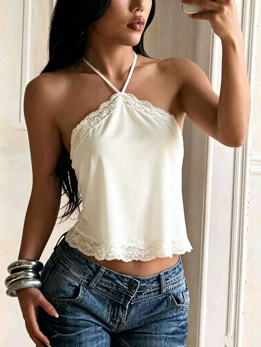 Onicee 女士夏季杏色蕾丝边缎面吊带露背性感吊带背心，适合复活节、狂欢节、约会、聚会、派对、旅行、度假、海滩等场合。