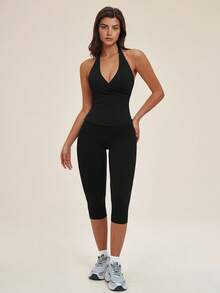 TimeOff Women's One Set Halter Neck V-Neck Criss-Cross Wrap Design Backless Tank Top Tummy Control Butt Lifting Mid-Length Shorts Sports Set - Black - View 6