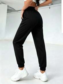 Straight-Leg Trousers With Elastic Waistband And Drawstring, Pleated, Solid Color, For Everyday Casual Wear, Spring/Summer - Black - View 3
