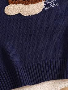 Sweater Lengan Panjang Leher Bulat dengan Patch Beruang Kartun untuk Anak Perempuan Remaja - Navy Blue - View 5