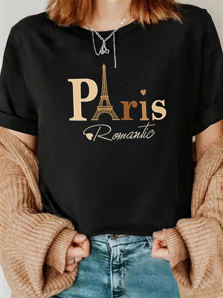 Camiseta Clásica Casual para Mujer con Estampado Romántico de París, Negra, Manga Corta, Cuello Redondo, Hombros Caídos, Tejido de Punto de Elasticidad Media, Camiseta de Verano - Negro - Ver 1