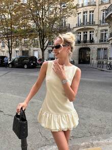 Dirp Women's Summer French Apricot Ruffle Puff Hem Short Dress, Sleeveless Boat Neck Design, Fitted Waist Cut + Puff Skirt Hem, Cream White Gentle Ton - Apricot - View 4