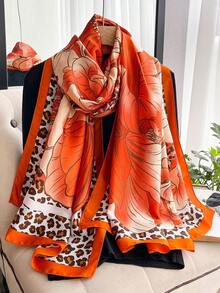 1PC Faux Silk Elegant Leopard Print Floral Pattern Scarf For Women, Long Beach Vacation Shawl, Sun Protection Beach Wrap, Fashion Versatile Scarf Shawl Suitable For Daily Matching And Decoration - Orange - View 6