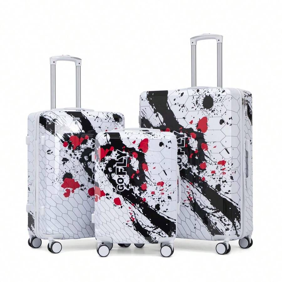 MERAX 20"/24"/28" 3 Pcs/Set In PC Spinner Wheel Luggage, Carry On Suitcase, With Printed Pattern And Combination Lock (Black) - Black(20"/24"/28") - View 1