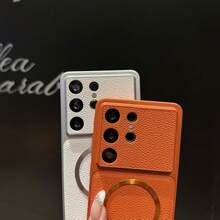 奢華復古荔枝紋磁吸無線充電手機殼 適用 Galaxy S26Ultra S26Plus S25Ultra S24Ultra S25 S24 Plus 大開窗鏡頭保護 PU 皮革防摔緩衝軟背蓋 - 白色 - 查看 2