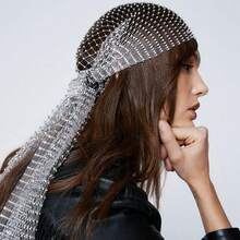 1pc New 100cm Rhinestone Mesh Headscarf With Hollow Design, European And American Style Rhinestone Fishnet Sparkling Head Cover, Fashion Full Rhinestone Face Mask, Music Festival Headscarf, Fashion Party Fishnet Hat Veil Wedding Accessory Summer Headband Beach Scarf Vacay Bandanas - Multicolor - View 1