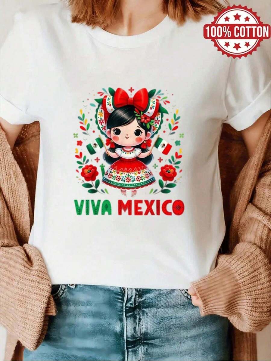 Casual Blouses For Women, Black T-Shirt With Cute Mexican Doll And Phrase "Viva Mexico", Ideal For Patriotic Holidays And National Pride, Comfortable Cotton Women's Tops. - 白色 - 查看 1