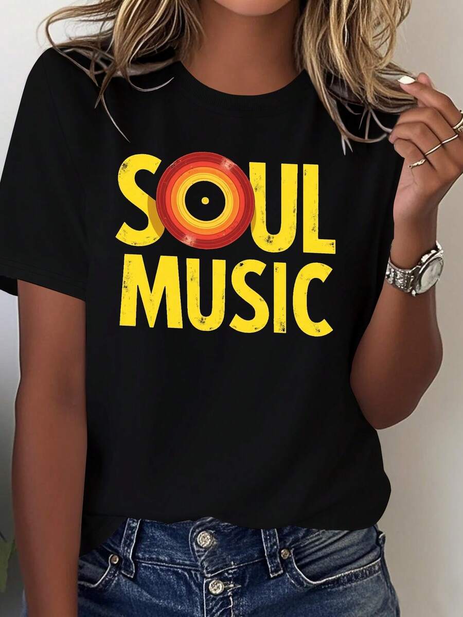 Women's T-Shirt With Vintage Soul Music Print - 70s Vinyl Record Design And Bold Font, Black With Yellow Print, Casual Style, Soft Pure Cotton, Comfortable For All Seasons, A Must-Have For Music Lovers. Printed T-Shirt - 黑色 - 查看 1