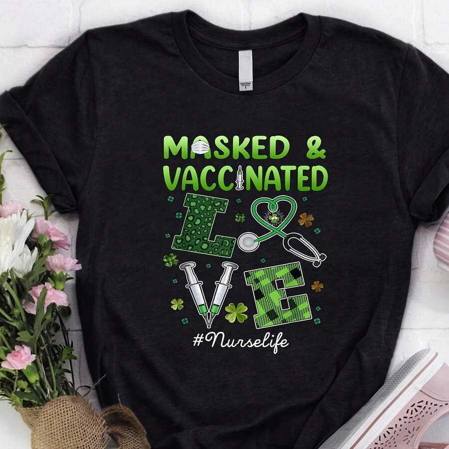 Vaccinated Masked St Patricks Day Nurse Healthcare Gift T-Shirt, Nurse , Healthcare Gift, Happt Pattricks Dahirt - Negro - Ver 1