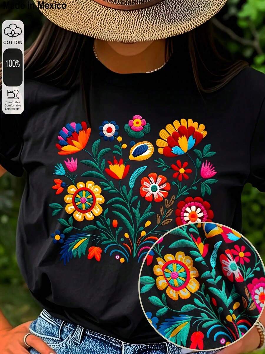 Women's Casual Printed T-Shirt, Short Sleeve And Round Neck, Local Urban Fashion Spring/Summer. Women's Blouses, Women's T-Shirts. 180g (S-XXXL) - 黑色 - 查看 1