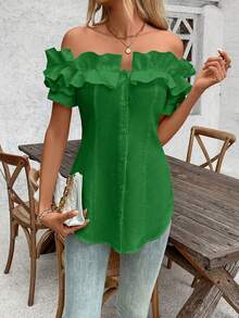 Talla Grande - Talla Grande - Camiseta de Mujer de Talla Grande, Color Sólido, Volantes y Hombros Descubiertos, Manga Corta - Verde - Ver 4
