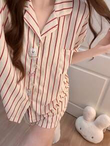 2件組女款睡衣家居服，可愛動物條紋印花短袖短褲，舒適時尚居家穿著 - 彩色 - 查看 1