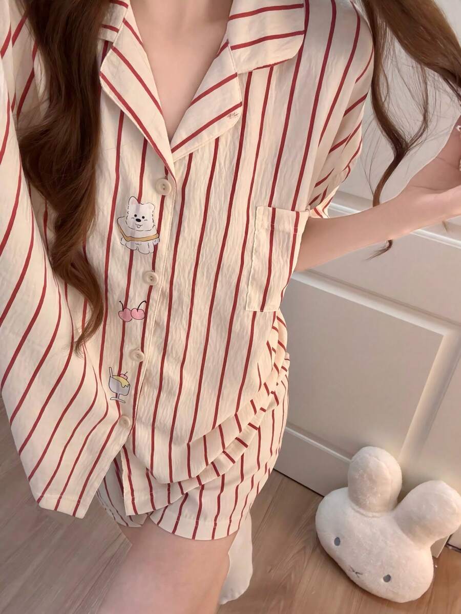 2件組女款睡衣家居服,可愛動物條紋印花短袖短褲,舒適時尚居家穿著 - 彩色 - 查看 1
