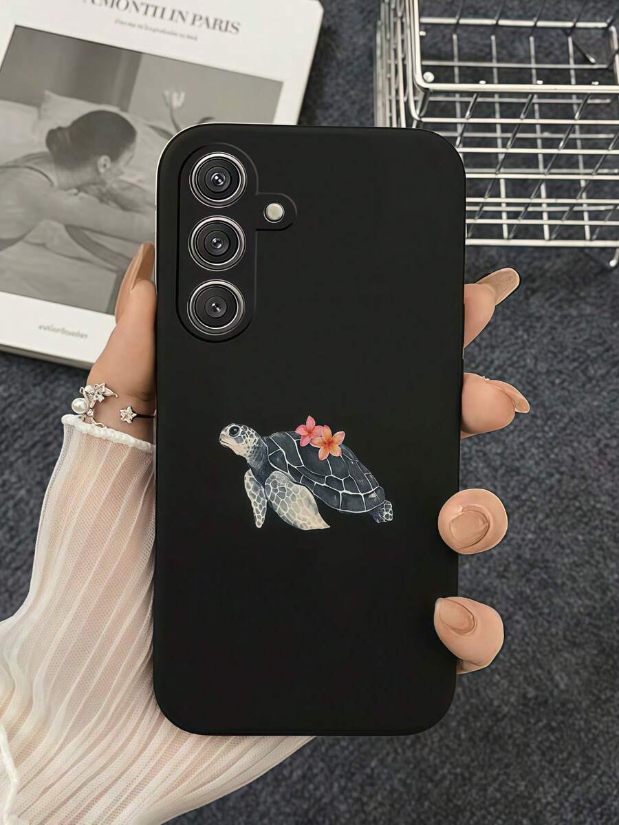 1pc Creative Floral Sea Turtle Pattern Straight Edge Liquid Silicone Phone Case Compatible With Galaxy S26 S25 S24 Ultra S24 Plus S24 FE S23 S22 A55 A54 A53 A52 A50 A30 A42 A35 A34 A33 A25 A24 A20 A30 A15 A17, Smart 8/ Hot 40i/Spark 20/Spark 20C/Spark Go 2024/ G84/Honor X9b X9A X9D X7B X9C X6A 8X X7 X8 X8C X8B Y9S Y9A Y7P Y7P/1+ - Black - View 1