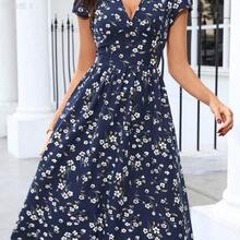 yonghongmaoyi1  Clasi Vestido midi elegante de manga corta con cuello en V, fruncido y corte evasé, con estampado floral pequeño, para uso diario y vacaciones, primavera/verano - Cafetería - Ver 7