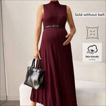WNST
 MaterniWear Vestido de maternidad de unicolor, cuello alto, holgado, informal, sin mangas para vacaciones - Burdeos - Ver 3
