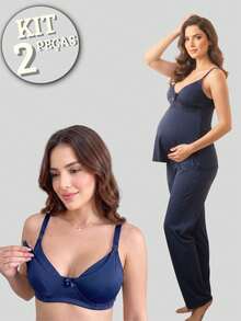 KIT Sutiã Amamentação Abre Fácil Reforçado MICROFIBRA + Pijama CALÇA DOLL longo com Blusa em Click - Azul Marinho - Visão 1