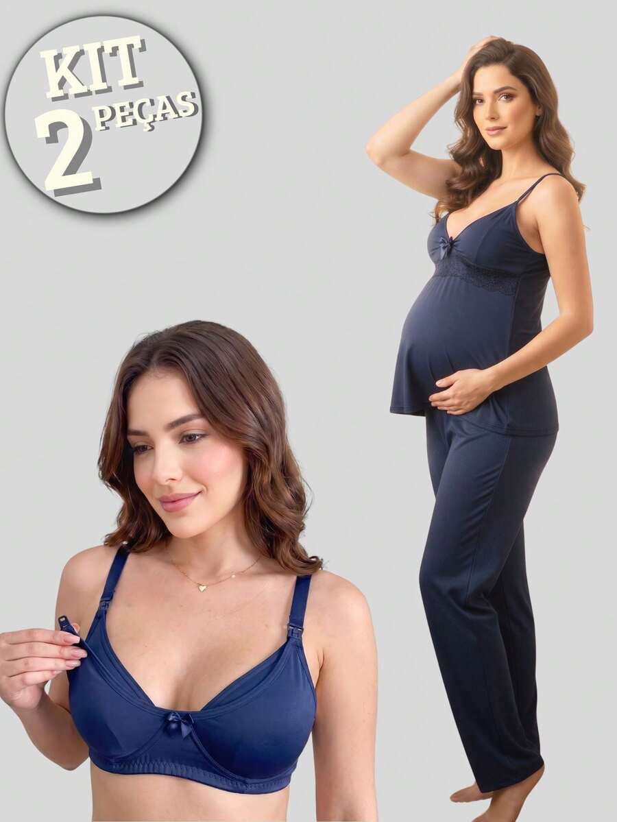KIT Sutiã Amamentação Abre Fácil Reforçado MICROFIBRA + Pijama CALÇA DOLL longo com Blusa em Click - Azul Marinho - Visão 1
