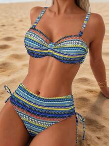 Women's Two Pieces Swimwear Set, Retro Print, High Stretch Knit Fabric, Polyester 82% & Elastane 18%, Geometric Pattern, Drawstring Design, 195gsm Top, 130gsm Lining, Summer Beachwear Vacation - Royal Blue - View 1