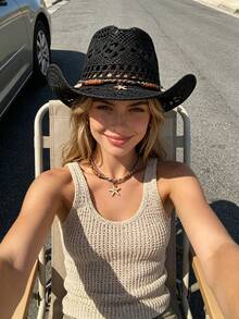 1pc Women's Outdoor Beach Western Style Sun Hat, Straw Hat, Jazz Hat, Bohemian Style Panama Hat, British Gentleman Hat, Suitable For Seaside Vacation And Travel (If The Hat Has Creases, Please Use An Iron To Iron It, And It Will Be Restored) - A - View 23