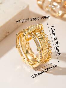 Cincin Tumpuk Zirkonia Kubik Elegan, Emas 18K, Gantungan Kunci Desain Tiga Kait, Cincin Wanita Cocok Untuk Pemakaian Sehari-hari, Pesta, Kencan - Emas - View 4