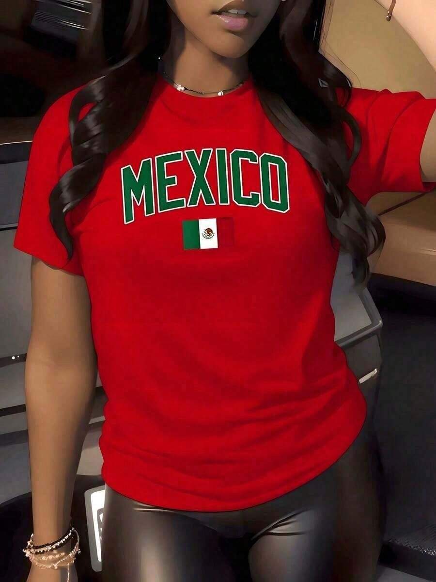 1 Piece Of Women's Vintage-Style Mexican Flag Graphic Print T-Shirt, National Pride, Crew Neck, 100% Cotton, Urban Style, Summer Outfit. Women's Short-Sleeved Summer T-Shirt, Vintage Style, Perfect For Festivals And Sporting Events. Simple And Casual, Excellent Value For Money. Printed T-Shirt - 紅色 - 查看 1