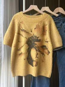 Women's Simple Knit Short Sleeve Top For Daily Wear, Autumn/Winter Yellow Summer - Yellow - View 4