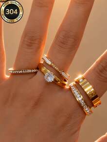 Znice 2026 New Stainless Steel 18K Gold Plated French Minimalist Personalized Full Rhinestone Flower Ring Set, Stackable Or Single Wear, Suitable For Parties, Gifts, Daily Wear, Various Occasions, Durable Jewelry, Waterproof And Non-Fading, For Beach Vacation - Golden 9 - View 3