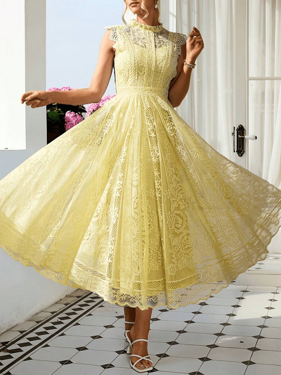 Women's Wedding Guest Dress, New And Elegant Fan-Shaped Lace Flared Dress, Retro Sleeveless Lace Dress, Suitable For Wedding Bridesmaid Dress, Evening Party, Casual Romantic Dates - Dark Blue - 查看 1