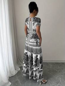 Vestido de Moda Oriental con Estampado Floral y Cinturón Ajustable para Mujer, Escote Redondo - Negro - Ver 5