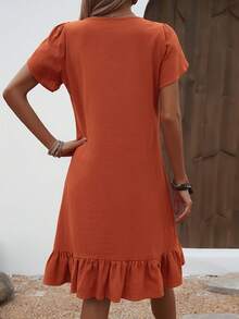 Women's Dress With V-Neck, Shell Sleeves And Ruffles - Dark Blue - View 3