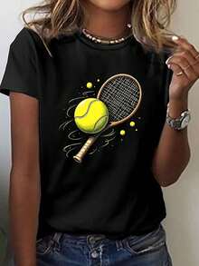 Camiseta casual de manga corta y cuello redondo con un diseño dinámico de raqueta y raqueta de tenis, perfecta para primavera y verano, diseñada para mujer - Negro - Ver 1