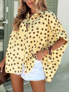 1pc Women's Polka Dot Print Cardigan Shirt, Yellow-Brown Contrast Collar Puff Sleeve Casual Loose Oversized Top, Suitable For Spring, Summer, Autumn, Perfect For Daily Wear, Vacation, Brunch Gathering - Yellowish Brown - View 4