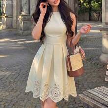 yonghongmaoyi1  Vestido de línea A con cintura recogida, sin mangas, con elegante estampado floral en color albaricoque, adecuado para primavera y verano - Albaricoque - Ver 6
