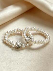 2 piezas Anillos elásticos de resina con perlas falsas y strass, juego de anillos de cuerda elástica con cuentas minimalistas, joyería versátil para mujeres - Blanco - Ver 5