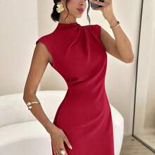 LunaCass8  Vestido largo de verano elegante y minimalista para uso diario, viajes y ocasiones casuales, con cuello mao, mangas drapeadas y cintura ceñida, color albaricoque - Marrón - Ver 2