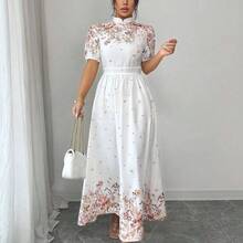 guangzhougaolangshangmao  Vestido de verano de mujer con estampado floral elegante, cintura ceñida y mangas abullonadas - Azul - Ver 5