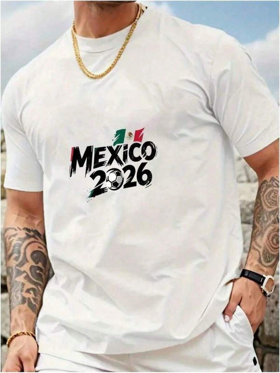 Camiseta de manga corta con estampado de fútbol México 2026, estilo casual, sencillo y deportivo, para amantes del fútbol, mezcla de algodón 60% algodón, 40% fibra de poliéster. - Negro - Ver 1