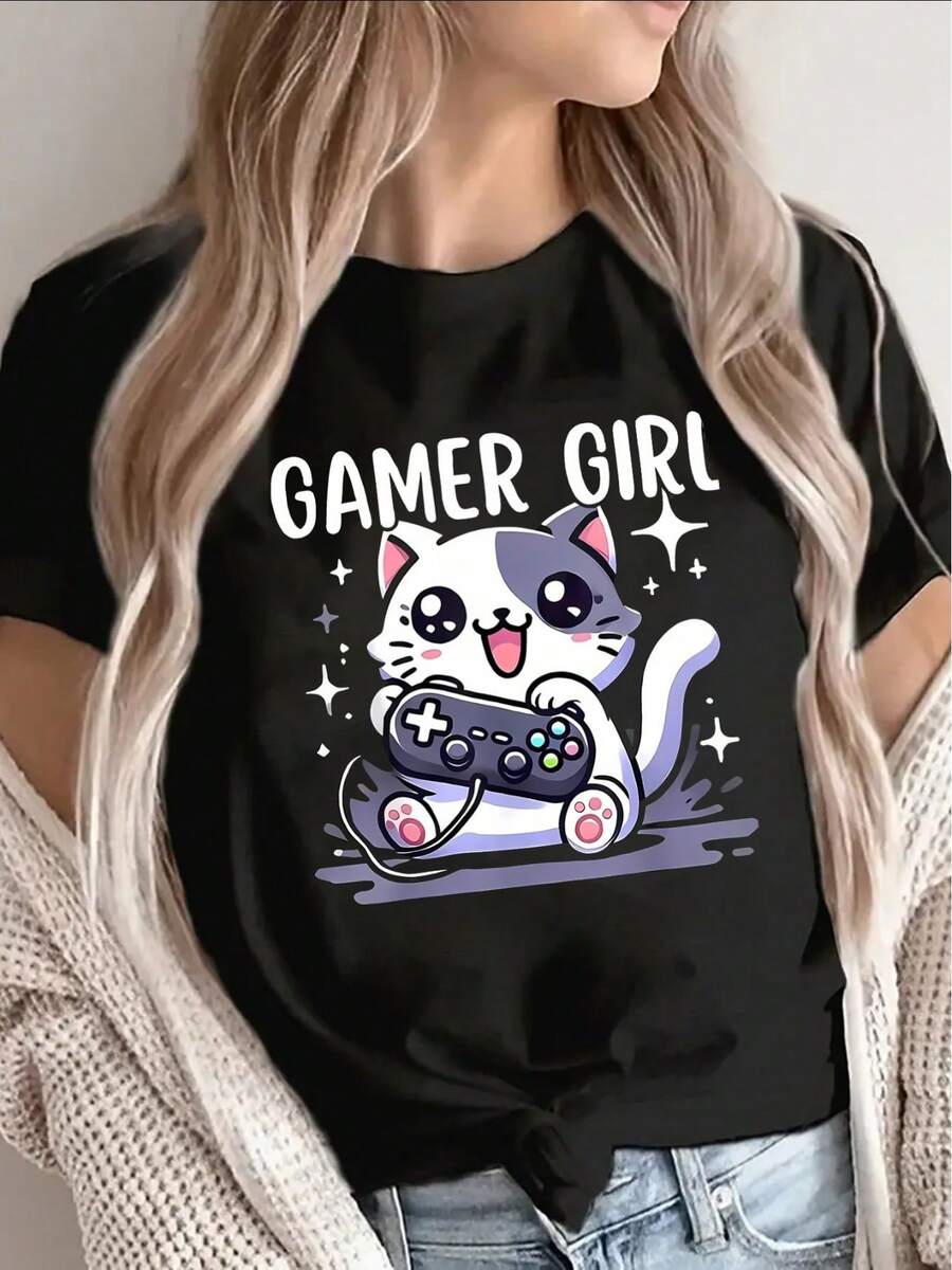 Camiseta de Gato Gamer para Mujer, Ideal para Juegos Casuales o Uso en Casa, Ligera y Resistente, Diseño Gráfico Divertido, Cómoda de Usar, Excelente para Actividades Diarias - Negro - Ver 1