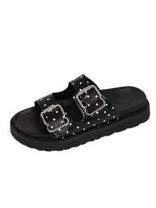 Polka Dot Double Buckle Platform Wedge Sandals, Women's Thick Bottom Casual Slip-On Slippers, Beach, Suitable For Daily Wear - Polka Dot Black - View 6