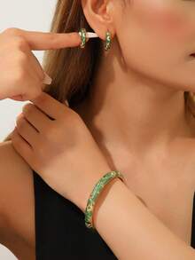 1 Set Fashion New Gold Plated Flower Pattern Enamel Cloisonne Bracelet Bangle And Earrings For Girls Women - Green - View 2