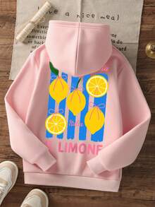 هودي فضفاض بطبعة ليمون IL LIMONE للفتيات المراهقات، سويت شيرت كاجوال بغطاء رأس ورباط سحب - وردي - مشاهدة 3